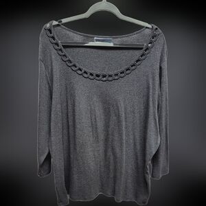 Karen Scott Charcoal Gray Blouse with Neckline Loop Detail 3/4 Sleeve 3X